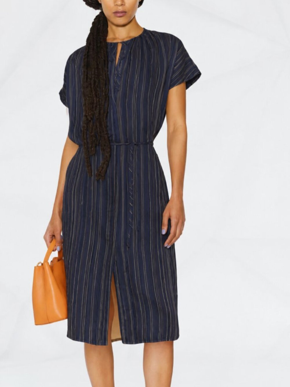 Vince Drapey Striped Shirred Midi Dress Navy Blue Medium - Picture 1 of 4